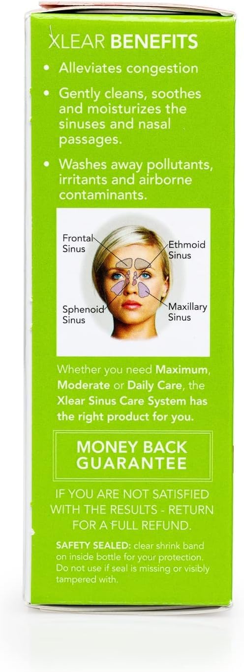 Side angle of Xlear saline nasal spray bottle showing pump applicator for kids and adults.