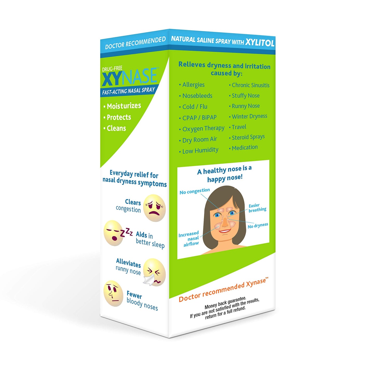 Xynase dry nose relief spray formula ingredients and instructions panel