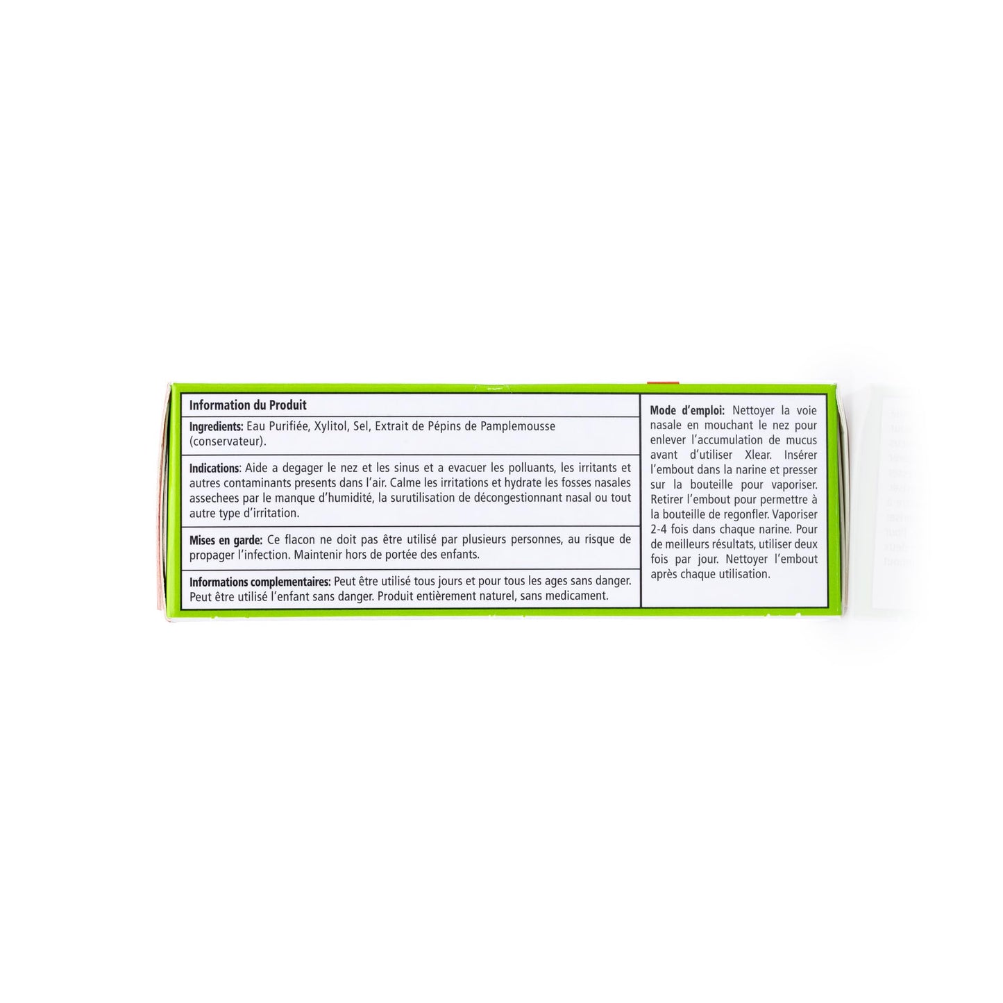 Close up of Xlear natural saline nasal spray box showing directions for upper respiratory health.