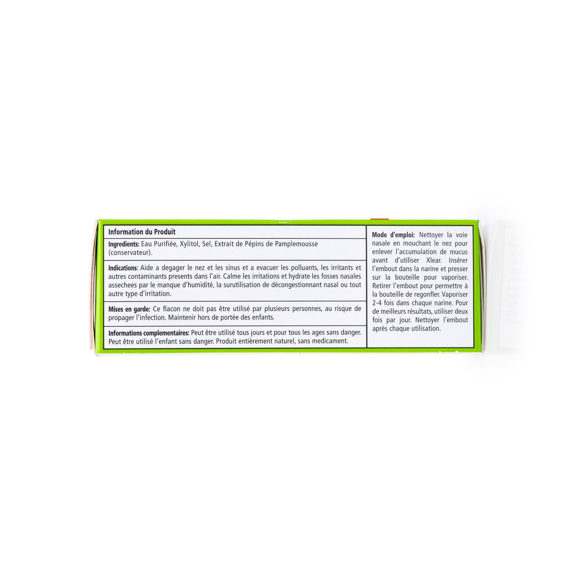 Close up of Xlear natural saline nasal spray box showing directions for upper respiratory health.