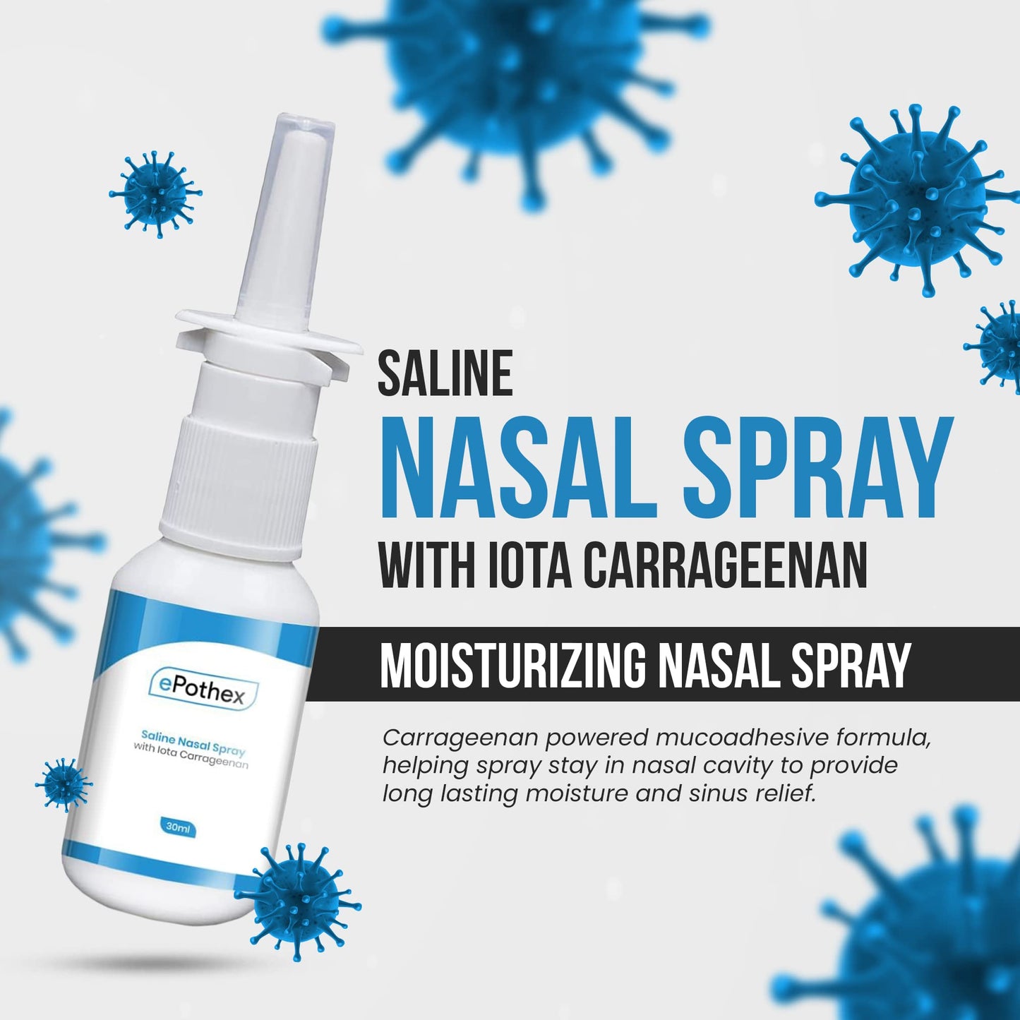 EPOTHEX red algae derived iota carrageenan nasal spray bottle with spray nozzle uncovered.
