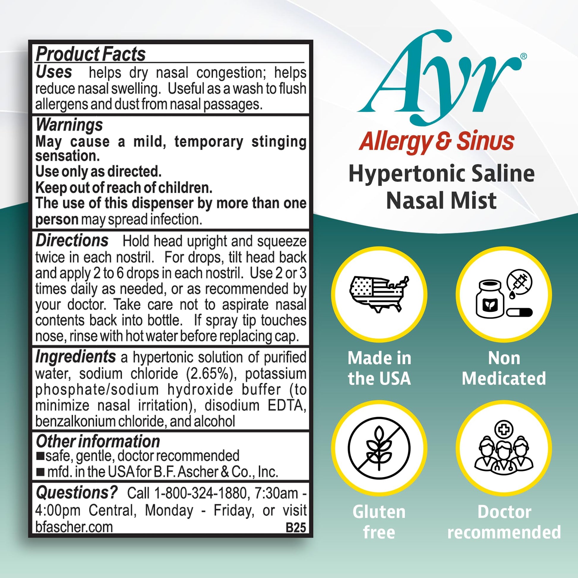 Gluten free and alcohol free AYR allergy nasal spray bottle