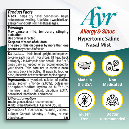 Gluten free and alcohol free AYR allergy nasal spray bottle