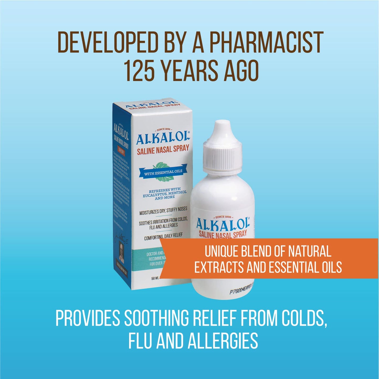 Side profile of Alkalol drug free nasal mist bottle highlighting the ingredients.