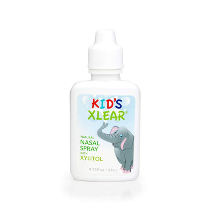 Side view of the Xlear Kids nasal mist bottle detailing the natural ingredients and drug-free formula instructions