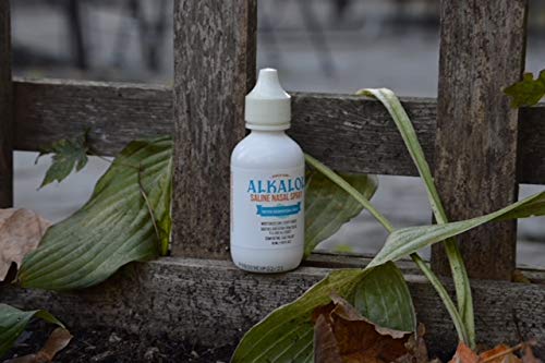 Alkalol natural saline spray bottle packaging detailing the eucalyptus and menthol benefits.