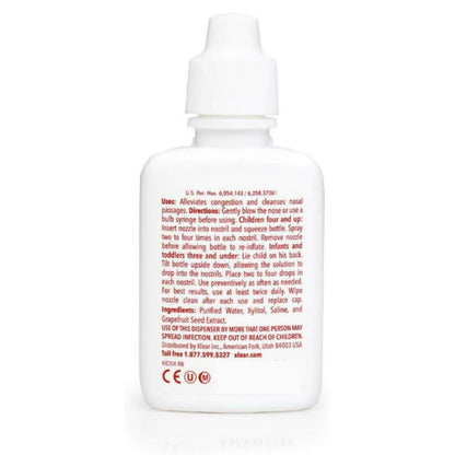 Back of the Xlear children saline spray twin pack box showcasing the product description and safety information for infants