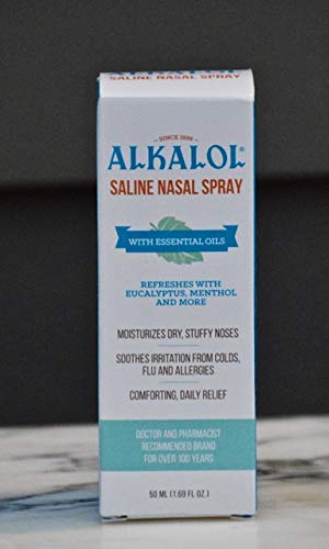 Authentic USA imported Alkalol nasal spray bottle placed upright on a clean surface.