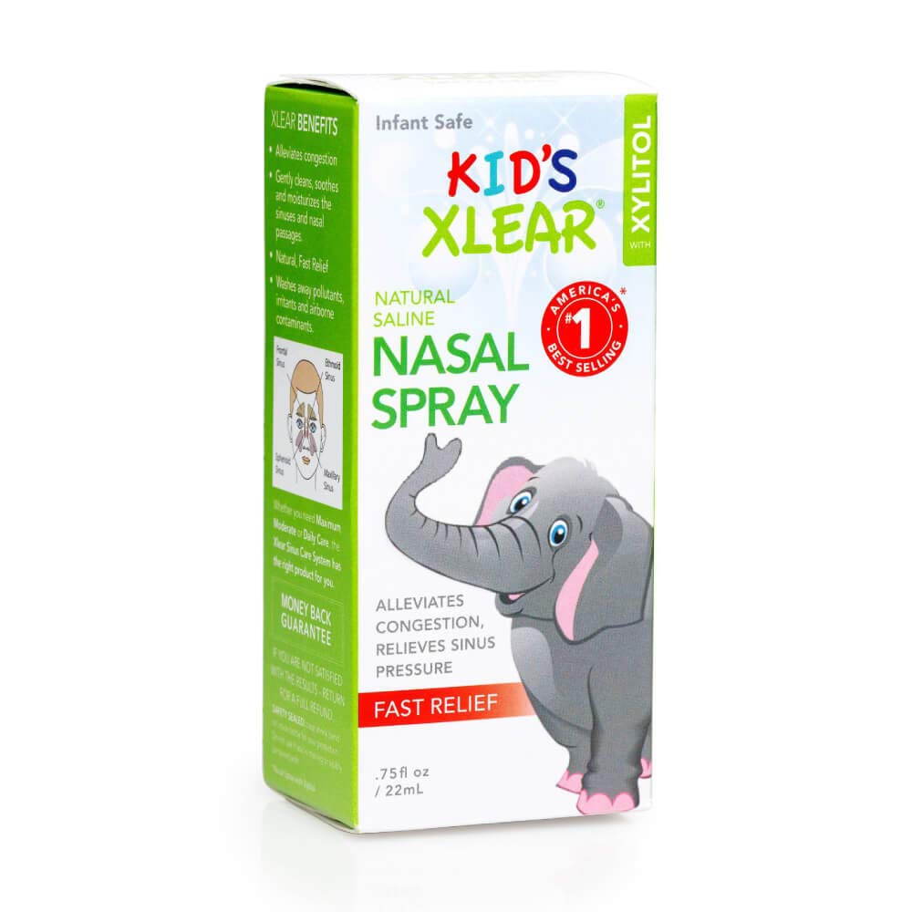 Close-up of the easy-to-use spray nozzle on the Xlear pediatric daily decongestant bottle for travel convenience