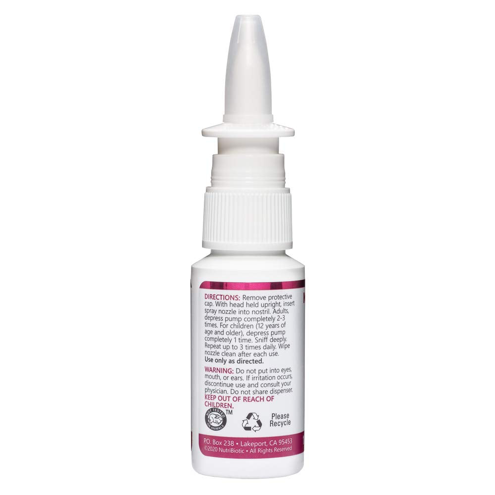 Side profile of the drug free NutriBiotic sinus spray bottle showcasing product ingredients and directions.