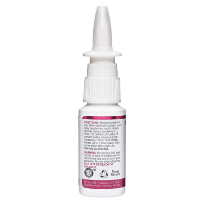 Side profile of the drug free NutriBiotic sinus spray bottle showcasing product ingredients and directions.