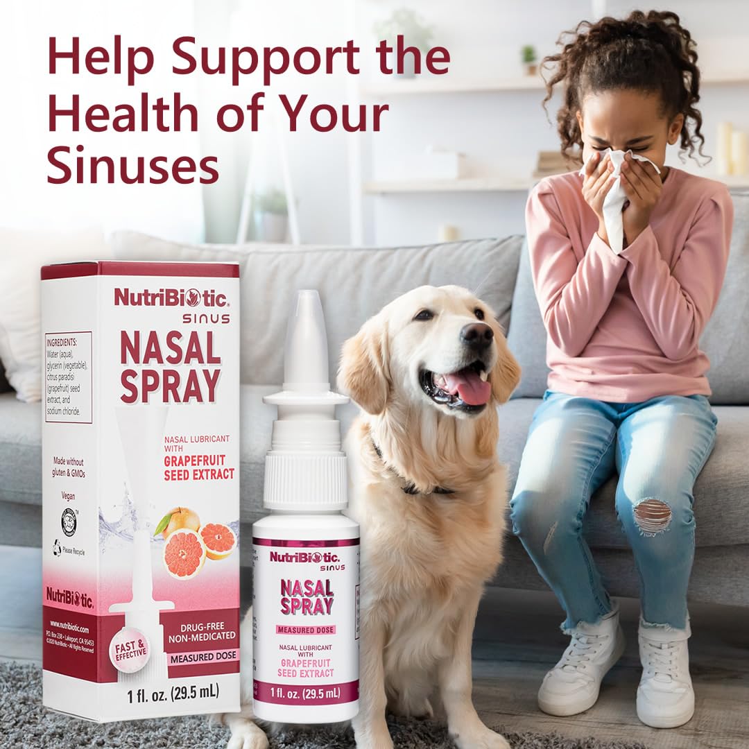 The authentic packaging of NutriBiotic Nasal Spray highlighting the Citricidal grapefruit seed extract logo.