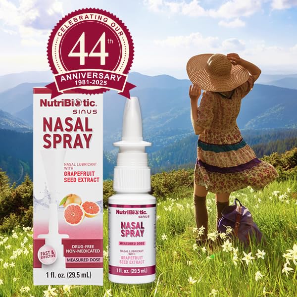 Front label details of the NutriBiotic sodium chloride and vegetable glycerin nasal passage lubricant.