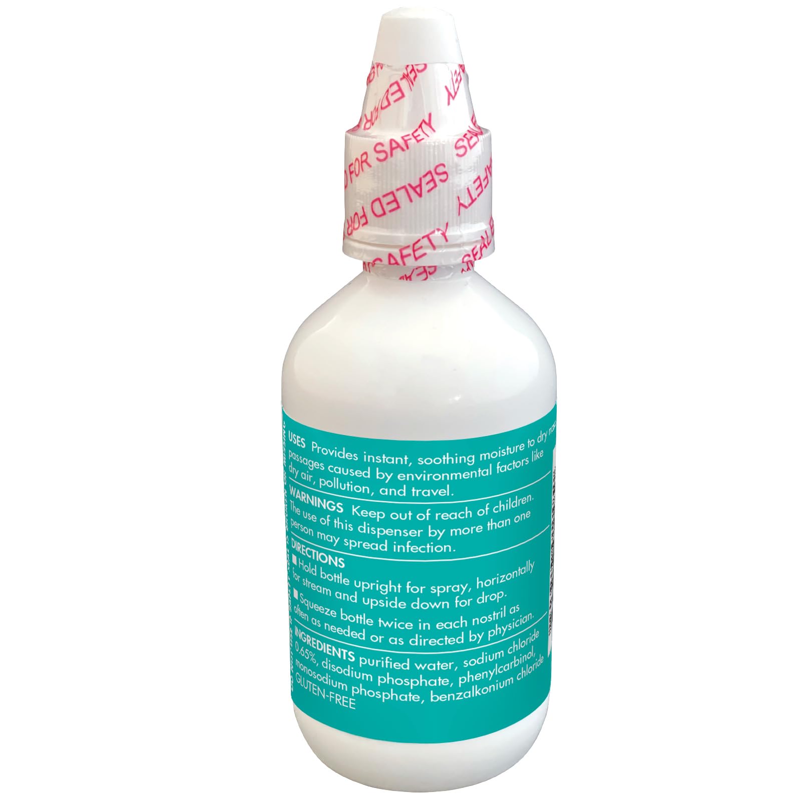Side angle view of non medicated sterile saltwater solution packaging showing dosage and usage guidelines