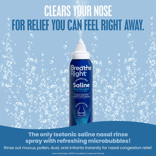 Breathe Right microbubble effervescent nasal spray packaging details showing isotonic formula ingredients