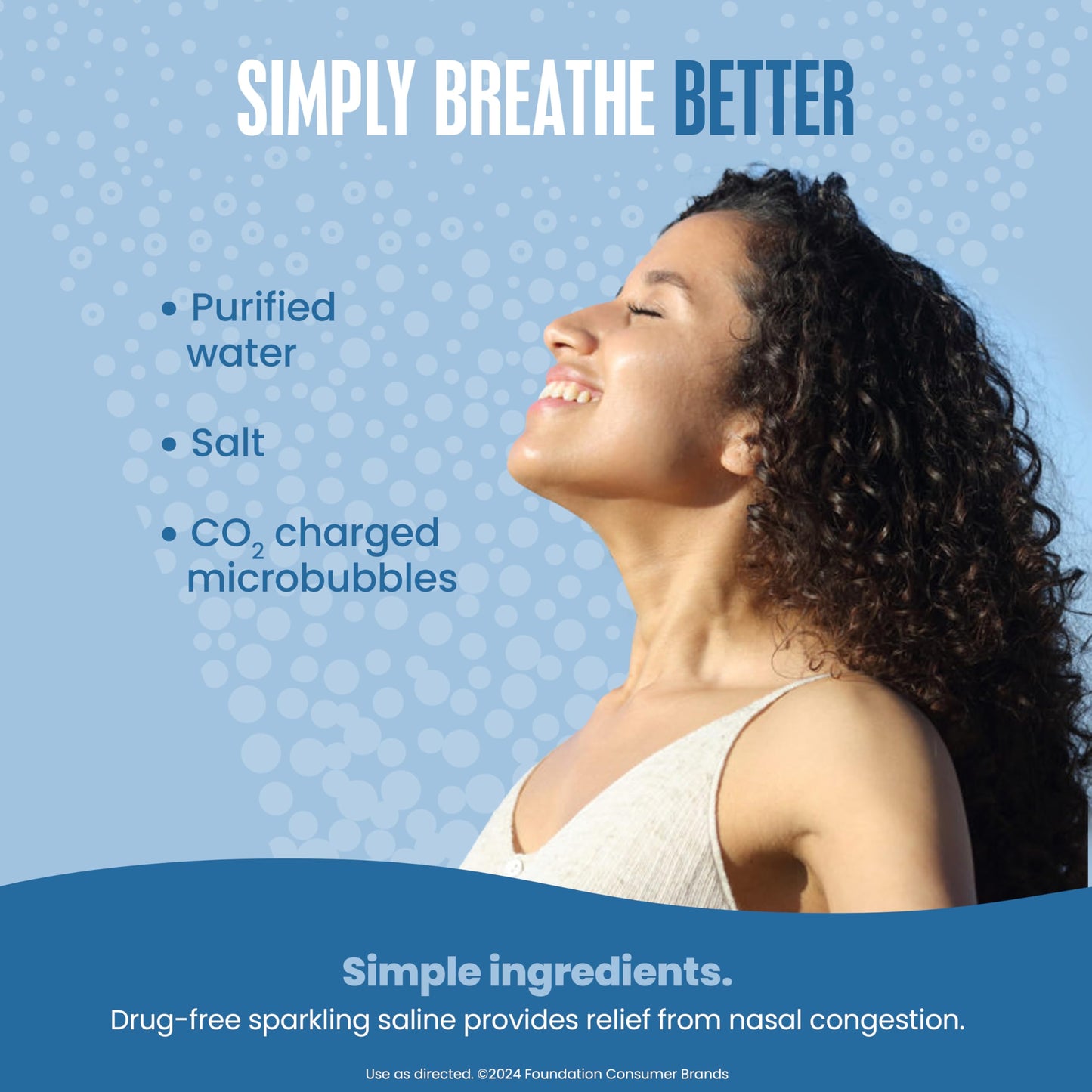 Breathe Right sparkling saline spray side angle view showcasing the continuous fine mist actuator