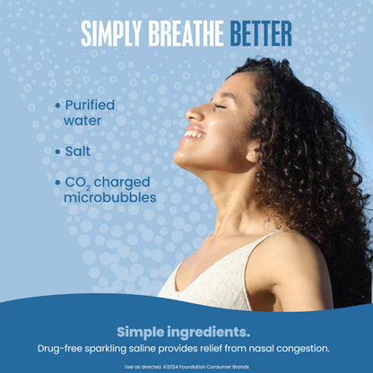 Breathe Right sparkling saline spray side angle view showcasing the continuous fine mist actuator