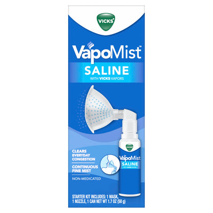 Complete contents of the Vicks VapoMist Saline Kit featuring the bottle, nozzle, and mask