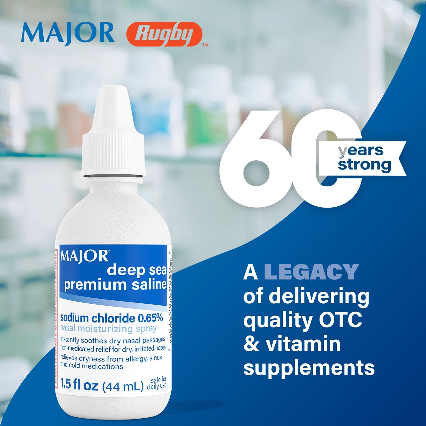 Major 0.65 percent sodium chloride saline nasal spray bottle close up view
