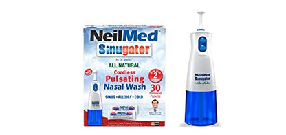 NeilMed cordless pulsating nasal wash device being prepared for drug free congestion relief