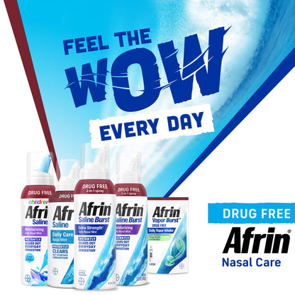 Afrin five ounce drug free sinus rinse packaging box details and usage guide.