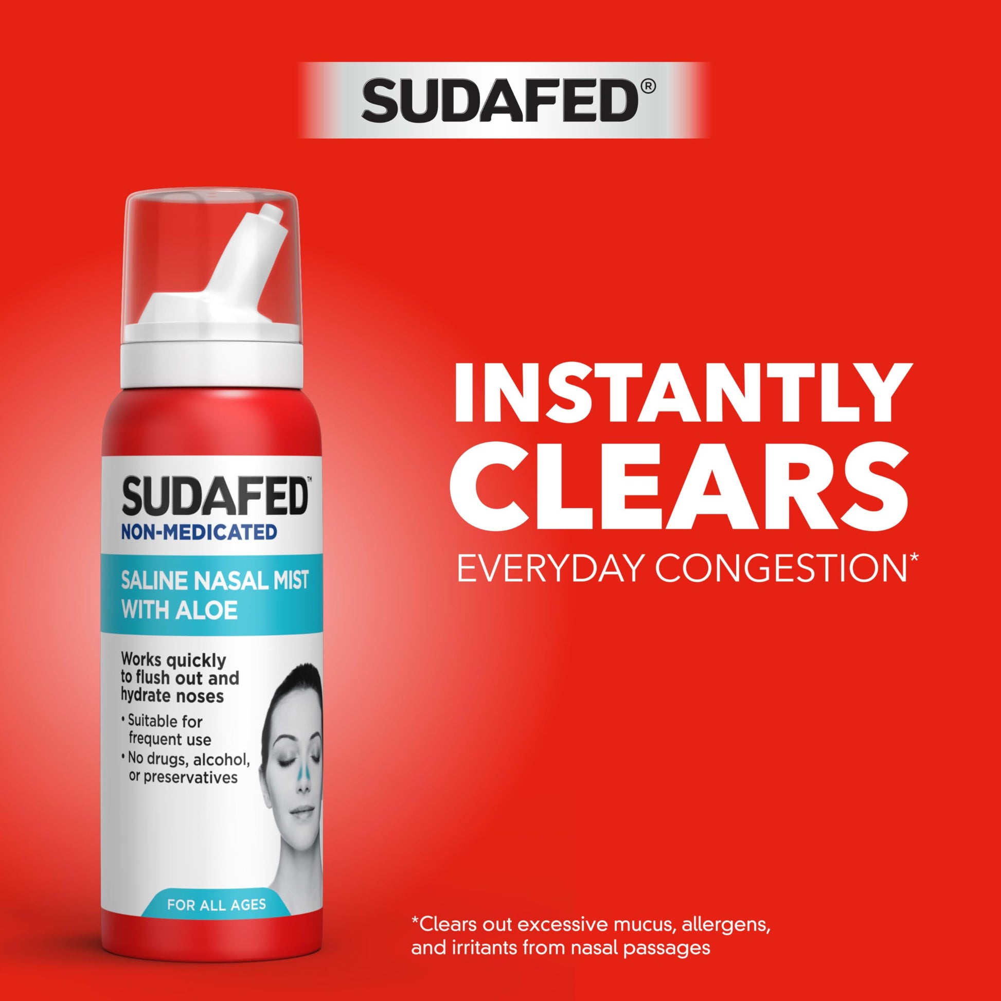 Sudafed drug free hydrating nasal spray bottle showing three fluid ounces packaging