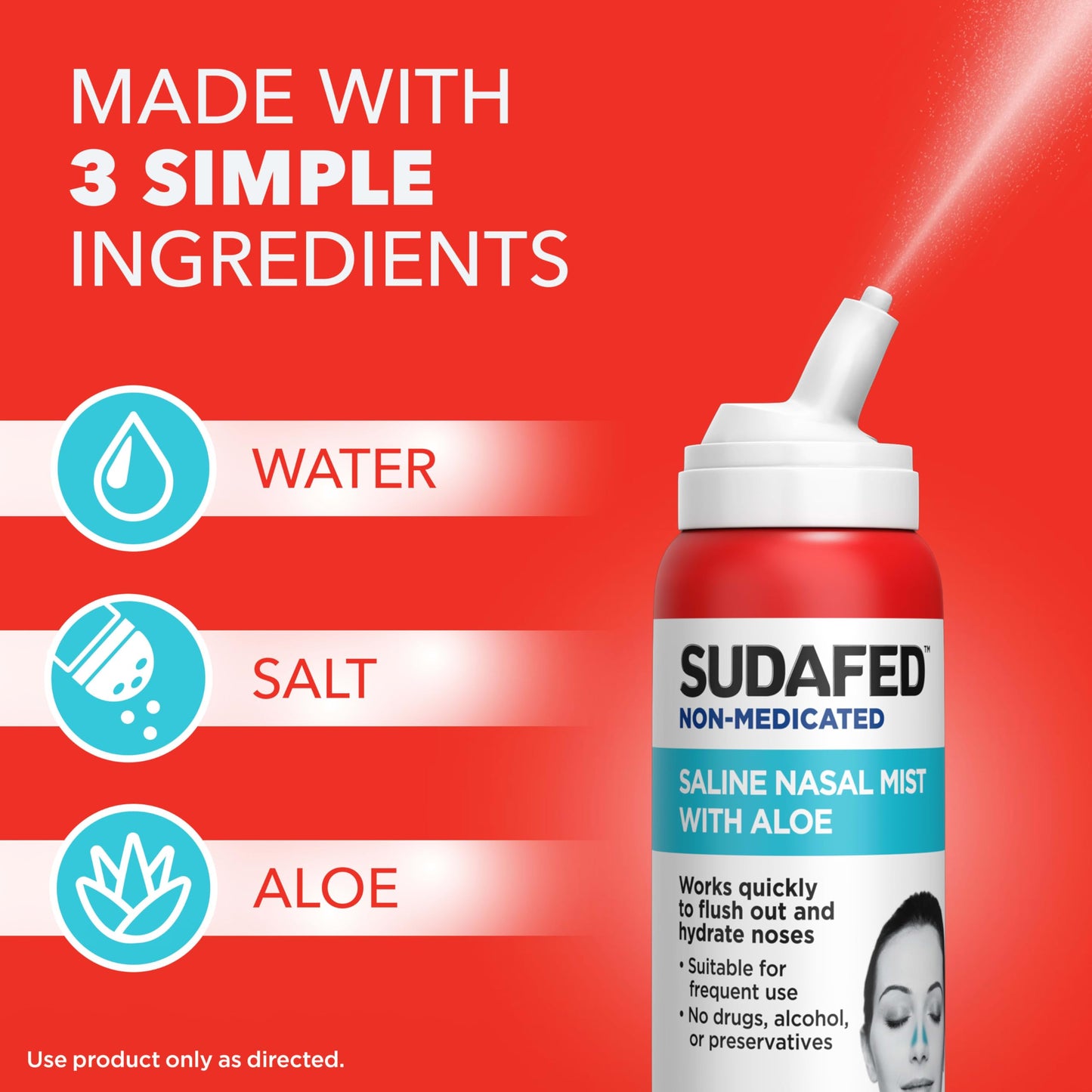 Sudafed non medicated sinus spray packaging showing ingredients aloe salt and water