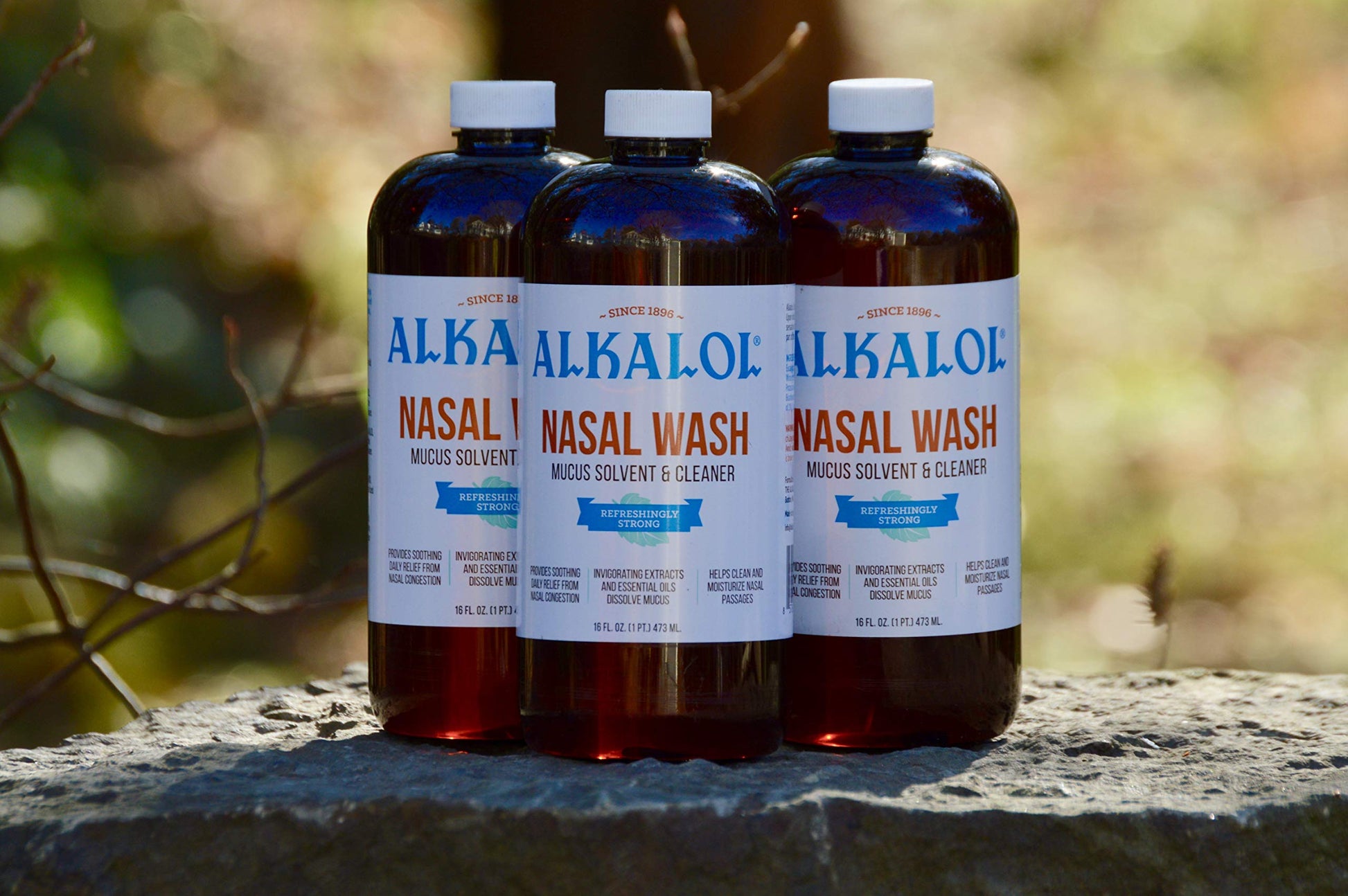Alkalol original sinus wash bottles showing natural menthol and eucalyptus ingredients packaging