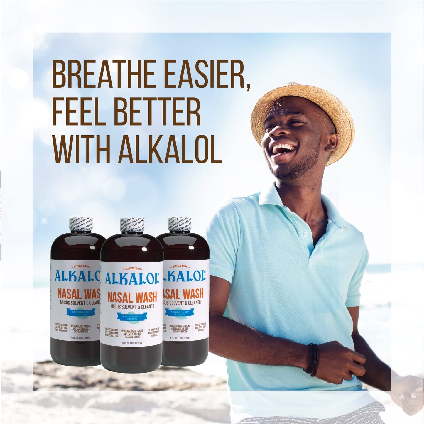 Three bottles of Alkalol mucus solvent and cleaner for drug free sinus congestion relief