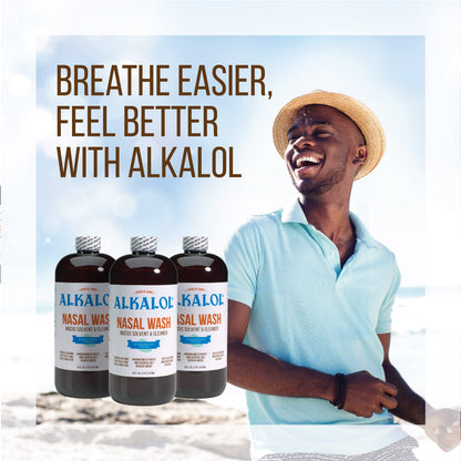 Three bottles of Alkalol mucus solvent and cleaner for drug free sinus congestion relief
