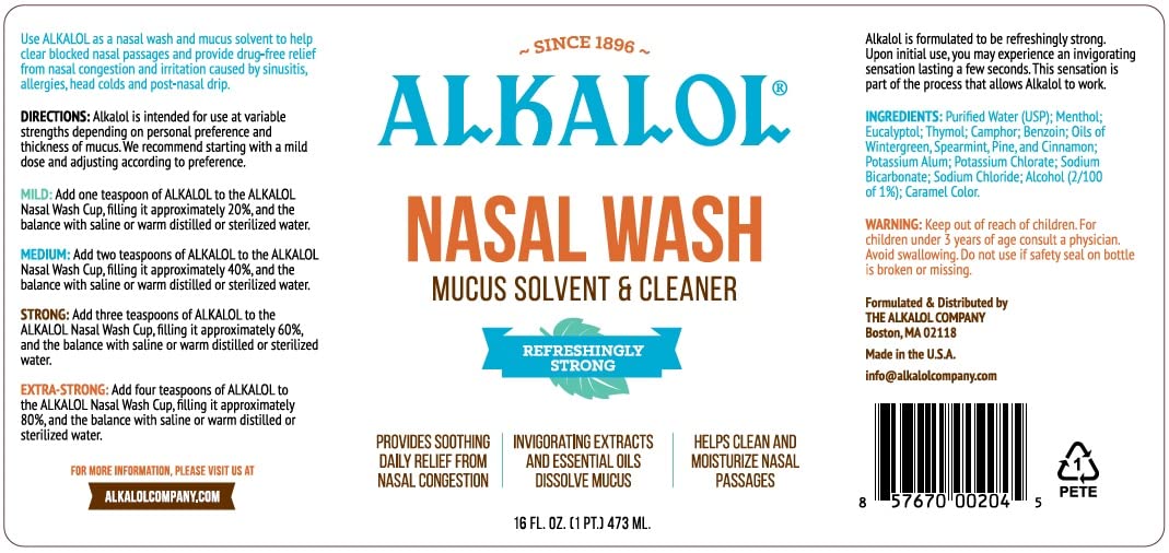 Alkalol liquid nasal rinse bottle highlighting the refreshingly strong formula since 1896