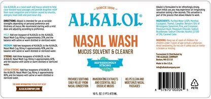 Alkalol liquid nasal rinse bottle highlighting the refreshingly strong formula since 1896