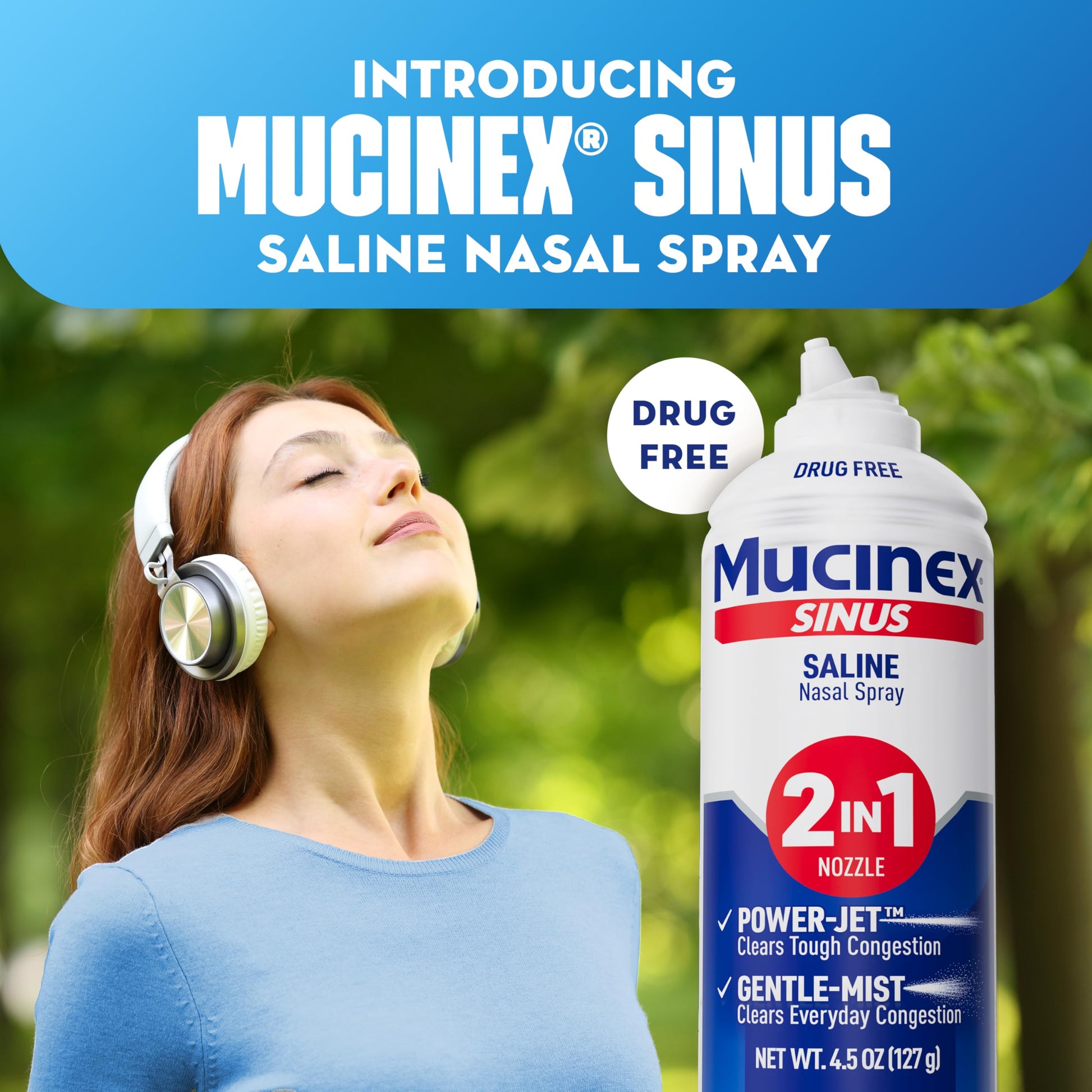 Close up view of the Mucinex non drowsy nasal irrigation bottle emphasizing the four point five fluid ounce volume.