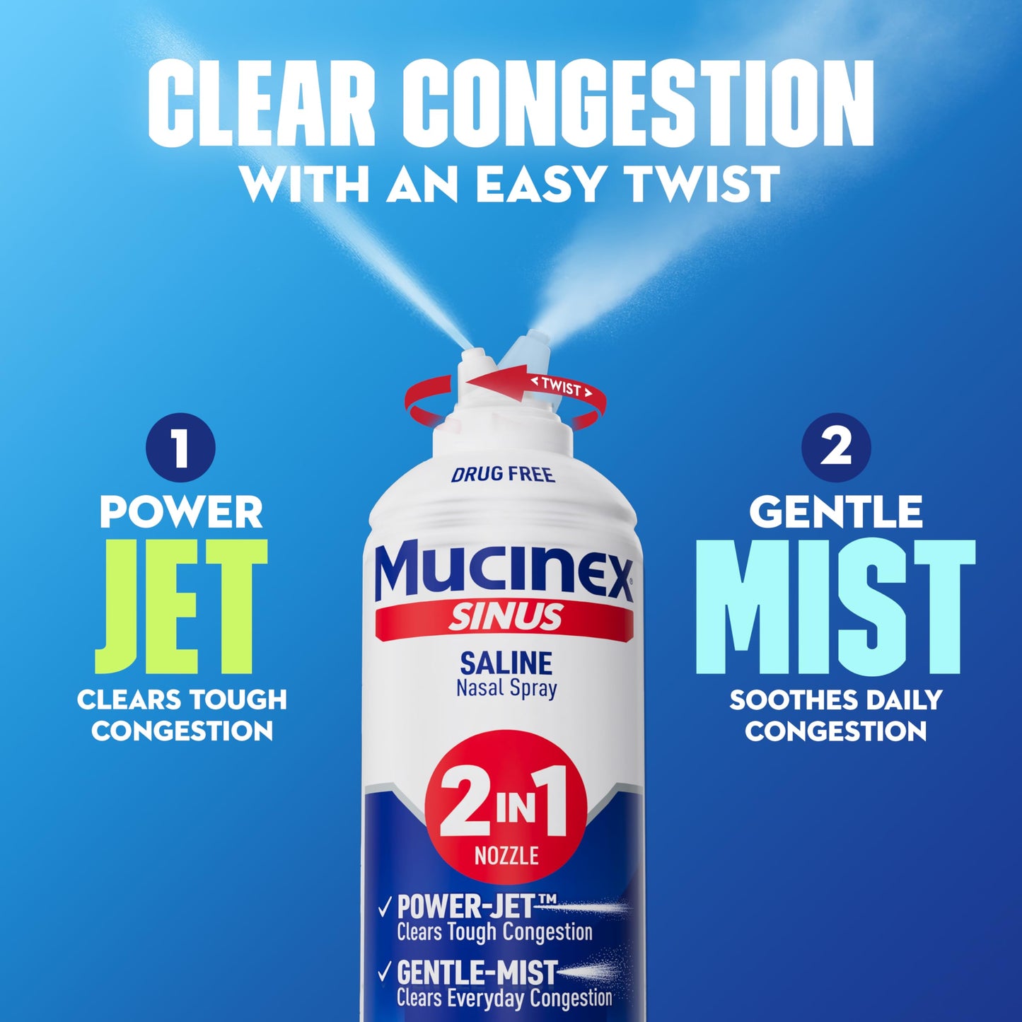 Back label of Mucinex drug free sinus spray detailing the simple ingredients of purified water and sodium chloride.