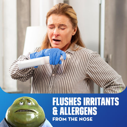 Mucinex additive free nasal mist showing the specialized dual action nozzle head designed for cold and allergy season.