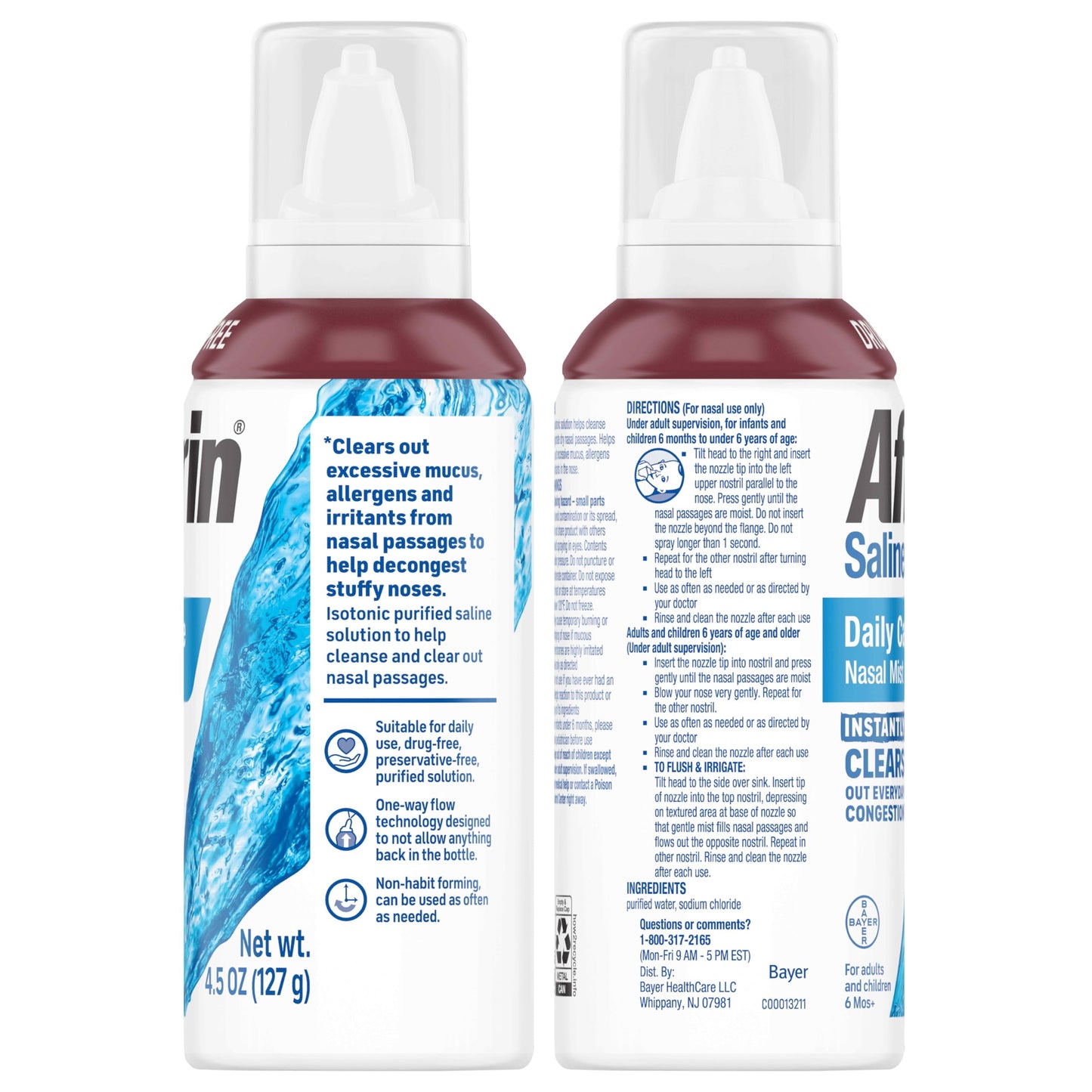 Afrin Saline Daily Care Nasal Mist pack of 2 highlighting the drug-free formula.