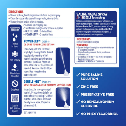 Product display of Mucinex sinus saline rinse showing its clean clear packaging and preservative free labeling.