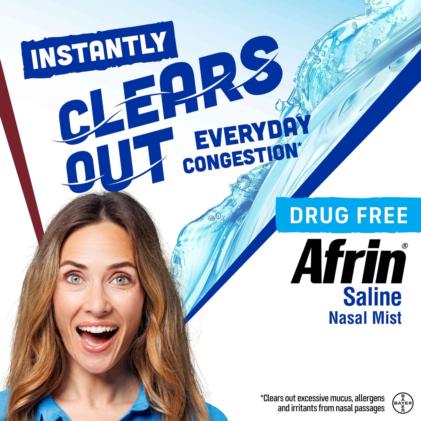 Back label of Afrin daily care nasal spray detailing ingredients and usage instructions.