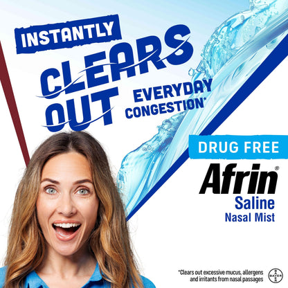 Back label of Afrin daily care nasal spray detailing ingredients and usage instructions.