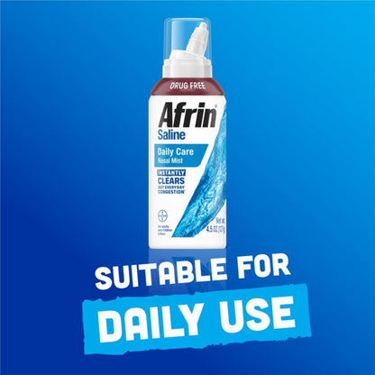 Two bottles of Afrin 4.5 Ounce saline spray standing upright on a clean surface.