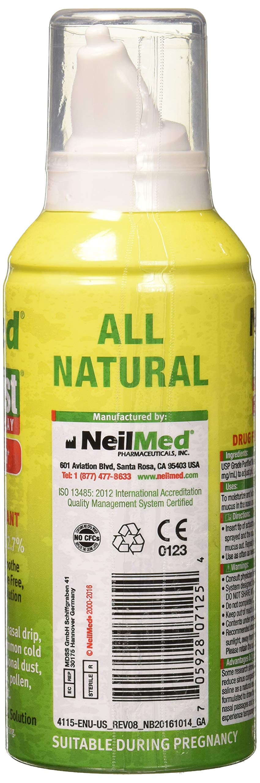 NeilMed NasaMist drug free nasal decongestant spray green packaging details showing product benefits.