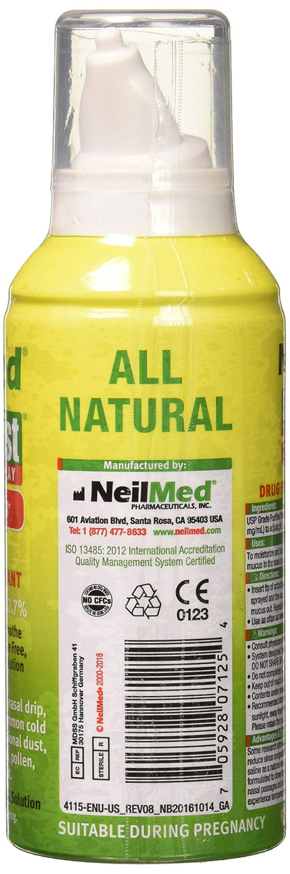 NeilMed NasaMist drug free nasal decongestant spray green packaging details showing product benefits.