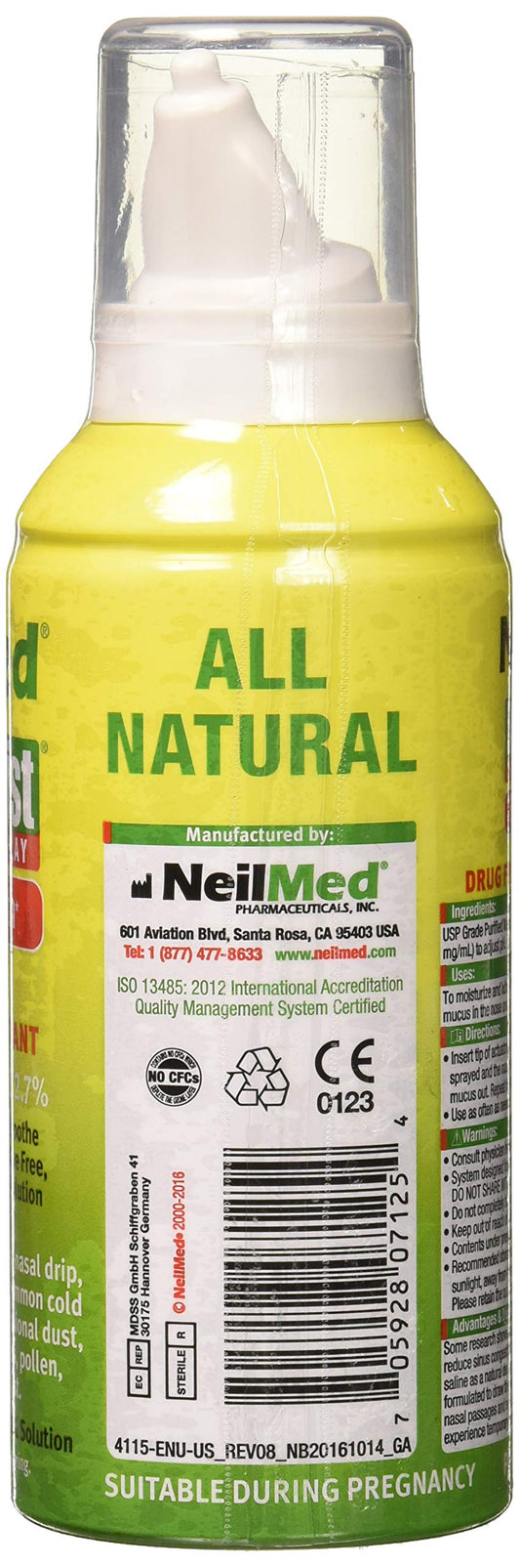NeilMed NasaMist drug free nasal decongestant spray green packaging details showing product benefits.