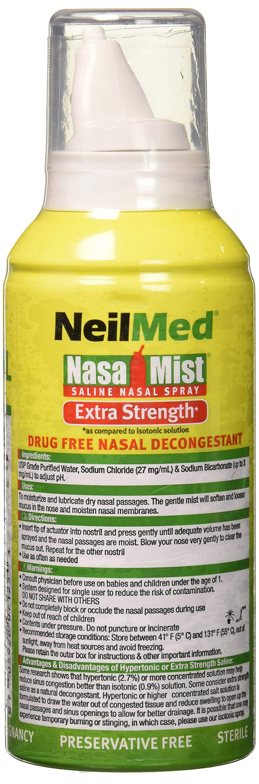 Side profile of NeilMed NasaMist hypertonic saline solution 125ml spray canister.