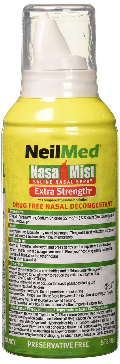 Side profile of NeilMed NasaMist hypertonic saline solution 125ml spray canister.
