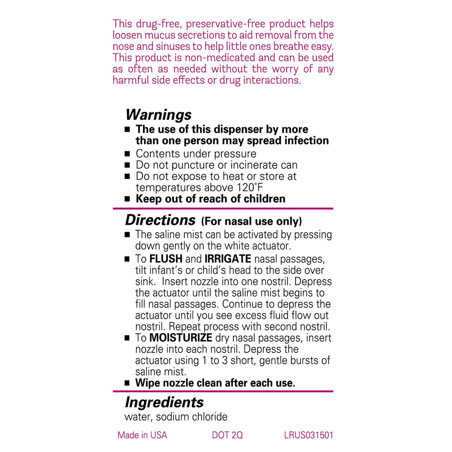 Three fluid ounce size baby saline mist bottle for daily nasal care
