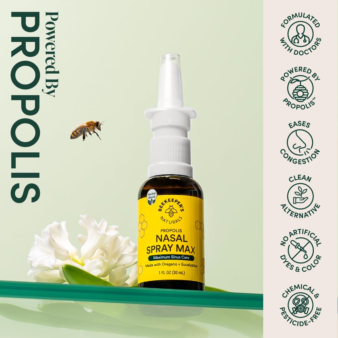 Adult using natural herbal nasal spray with propolis and eucalyptus for seasonal allergy relief.
