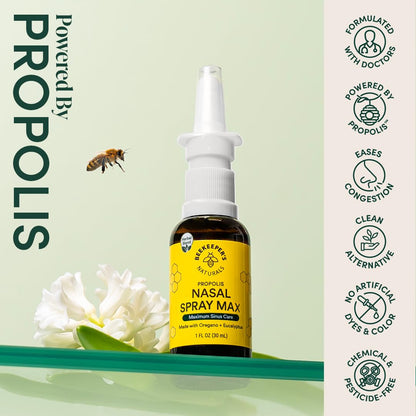 Adult using natural herbal nasal spray with propolis and eucalyptus for seasonal allergy relief.