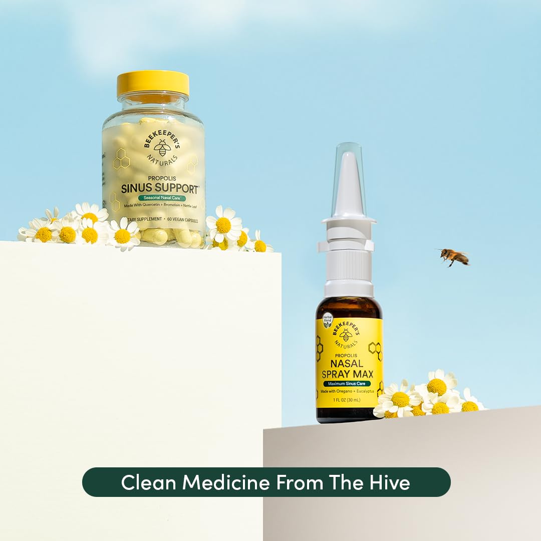 Beekeeper's Naturals propolis sinus relief spray showing authentic import seal.
