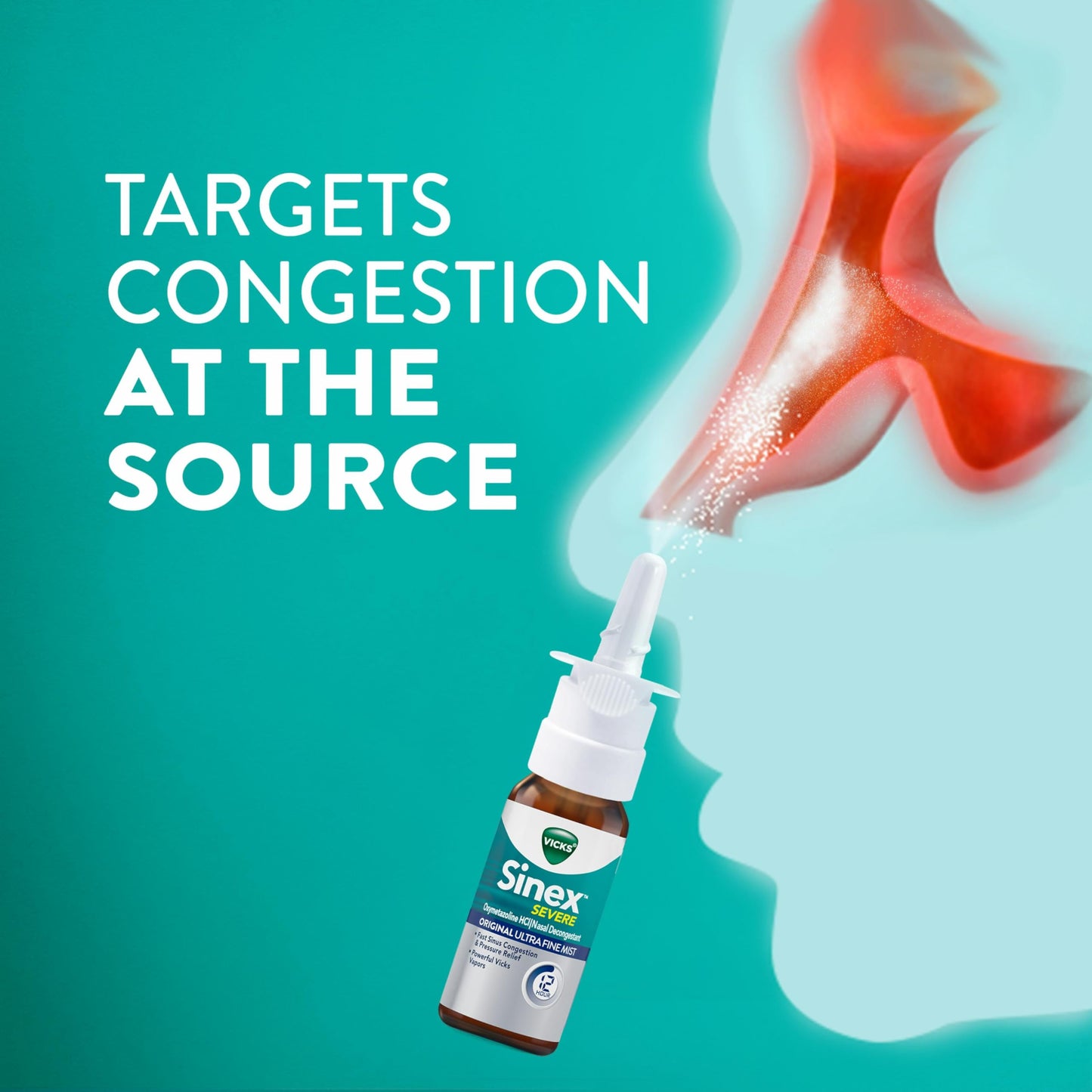 Back label of Vicks Sinex Severe Nasal Spray highlighting the twelve hour relief drug facts.